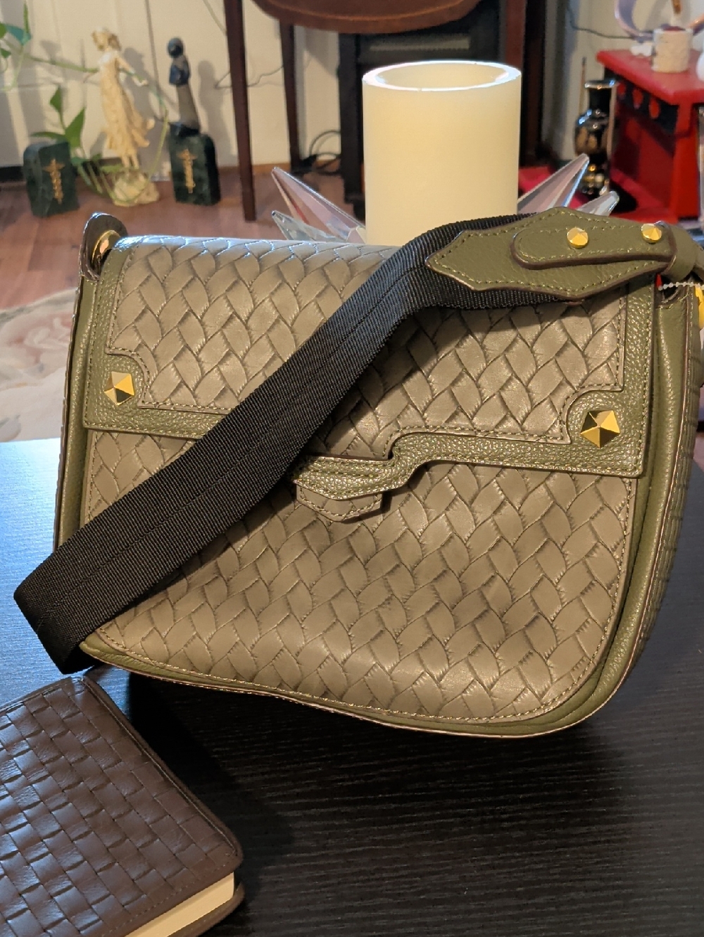 DRYANY- Olive Woven Leather Crossbody Bag with Wide Strap